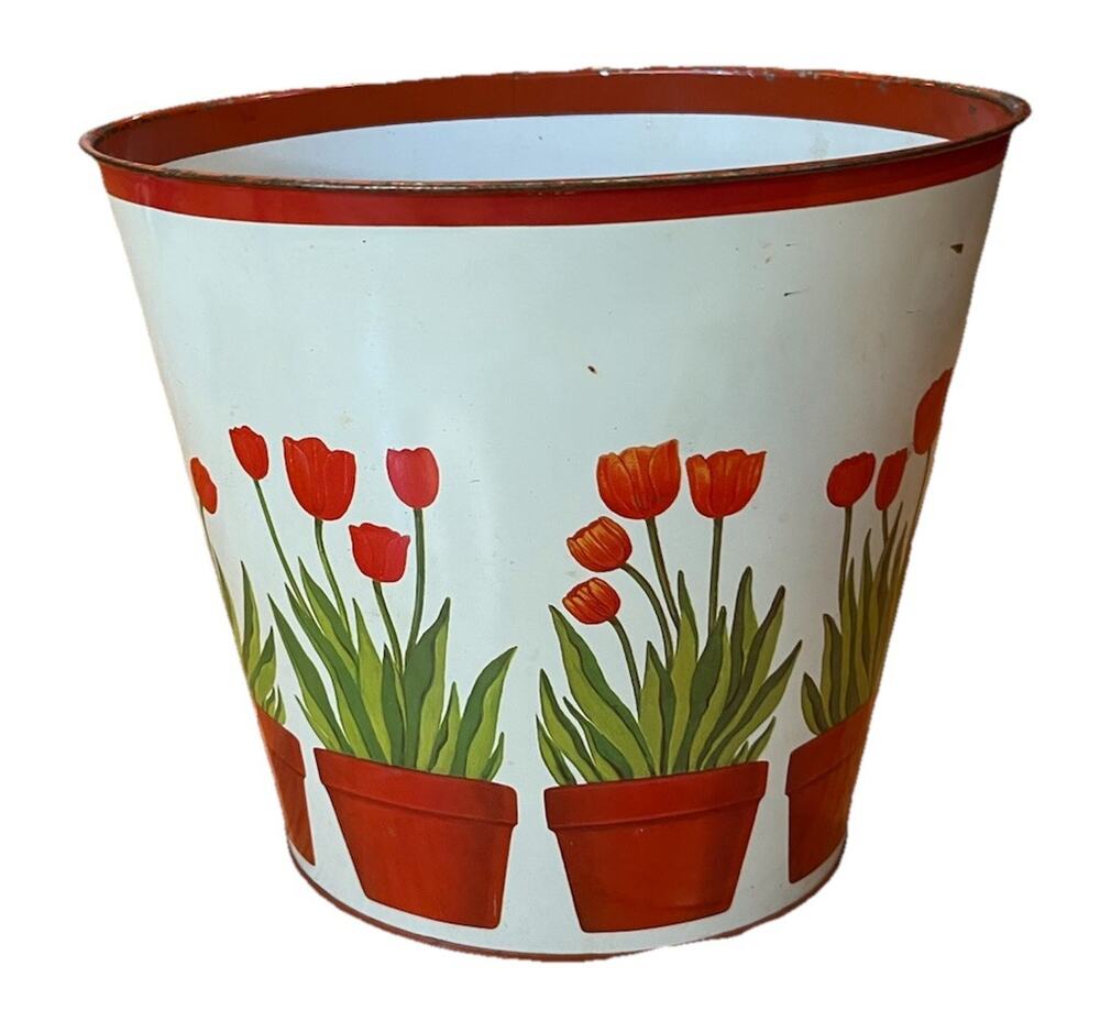 Vintage Metal Trash Can Waste Basket JV Reed Tulips In Pots Cottagecore 9.25”